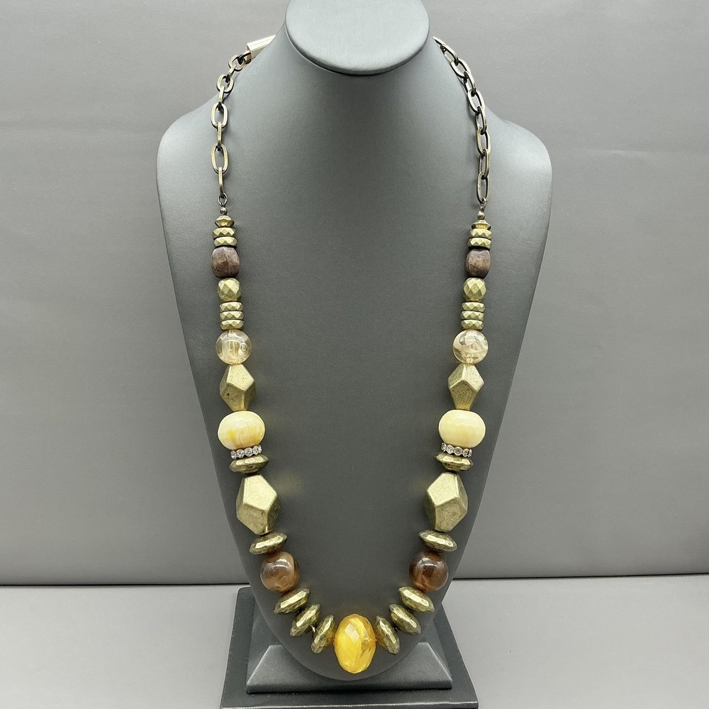 Sonoma Life + Style Necklace Beaded Yellow Resin Wood Gold Tone Statement Boho